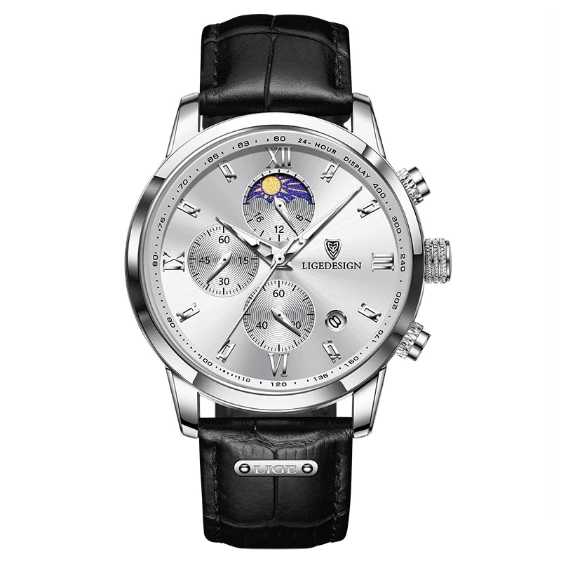 LIGE Men's Luxury Chronograph Watch | Moon Phase | Leather Band | Quartz Movement
