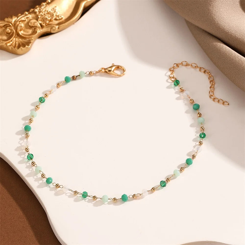 Bohemian Green Bead Stone Anklet for Women | Summer Beach Leg Chain