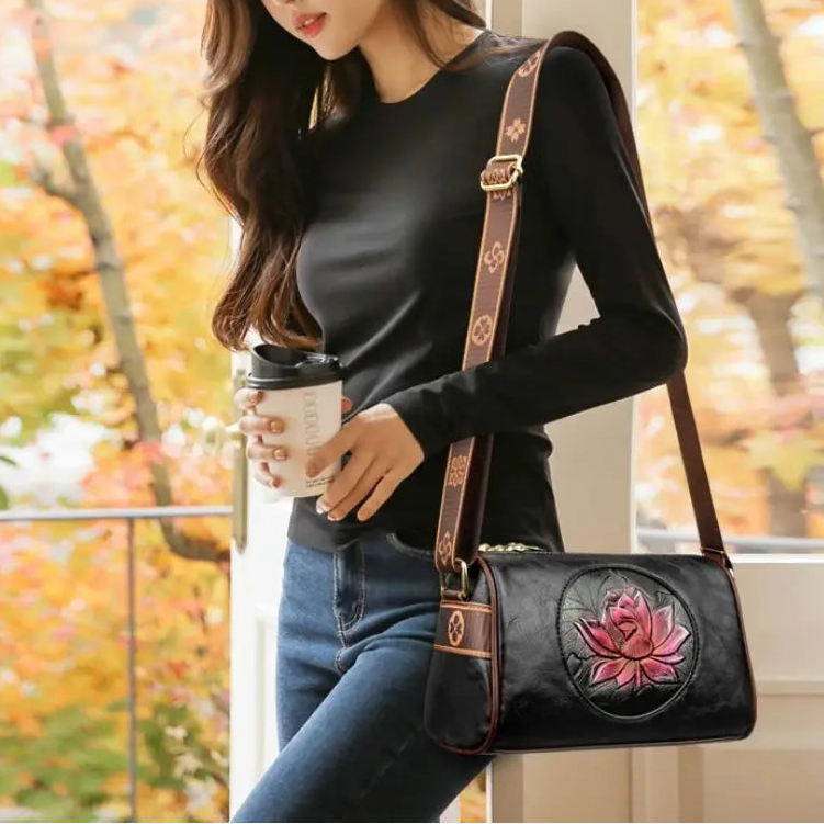 Lotus Embossed Barrel Shoulder Bag | Soft PU Leather Crossbody Purse | Women's Boho Handbag | 3 Colors