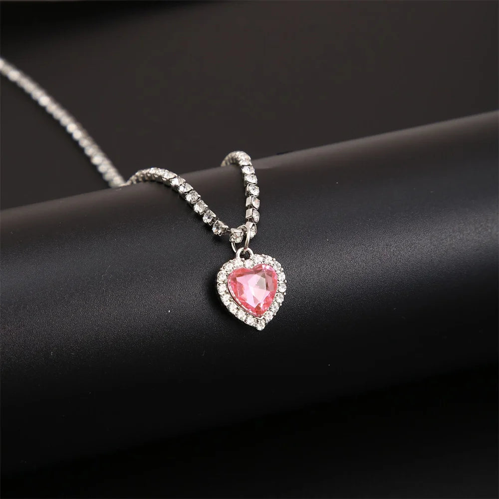 Pink Crystal Heart Pendant Necklace