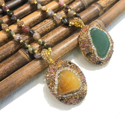 Natural Tourmaline Pendant Necklace - Retro Long Chain Necklace