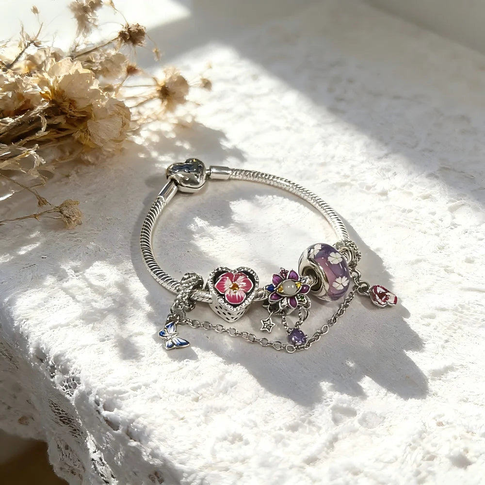 Charms Set 925 Silver Snowflake Murano Glass Beads Colored Pink Flowers Lotus Beaded DIY Love Bracelet Jewelry Gift with Box