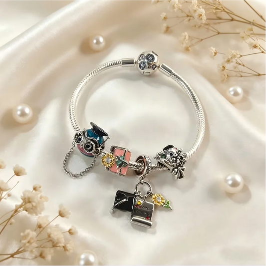 925 Silver Owl Flower Graduation Cap Bouquet Beads Charms Pendant Fit Snake Chain Flower Bracelet DIY Fine Jewelry Gift with Box