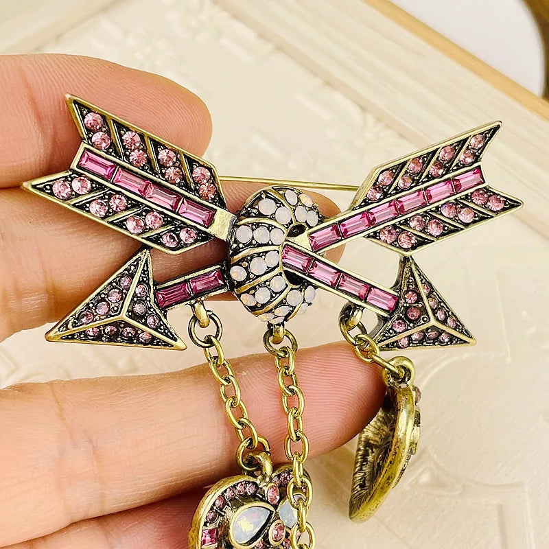 Cupid's Arrow Rhinestone Heart Brooch – Antique Gold Statement Pin