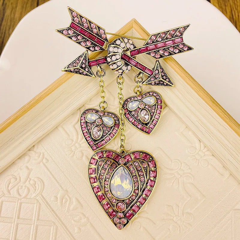 Cupid's Arrow Rhinestone Heart Brooch – Antique Gold Statement Pin