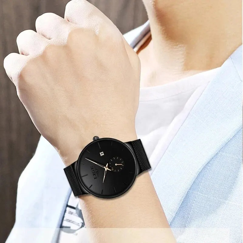 LIGE Men's Fashion Slim Quartz Watch | Mesh Steel Band | Waterproof | Auto Date