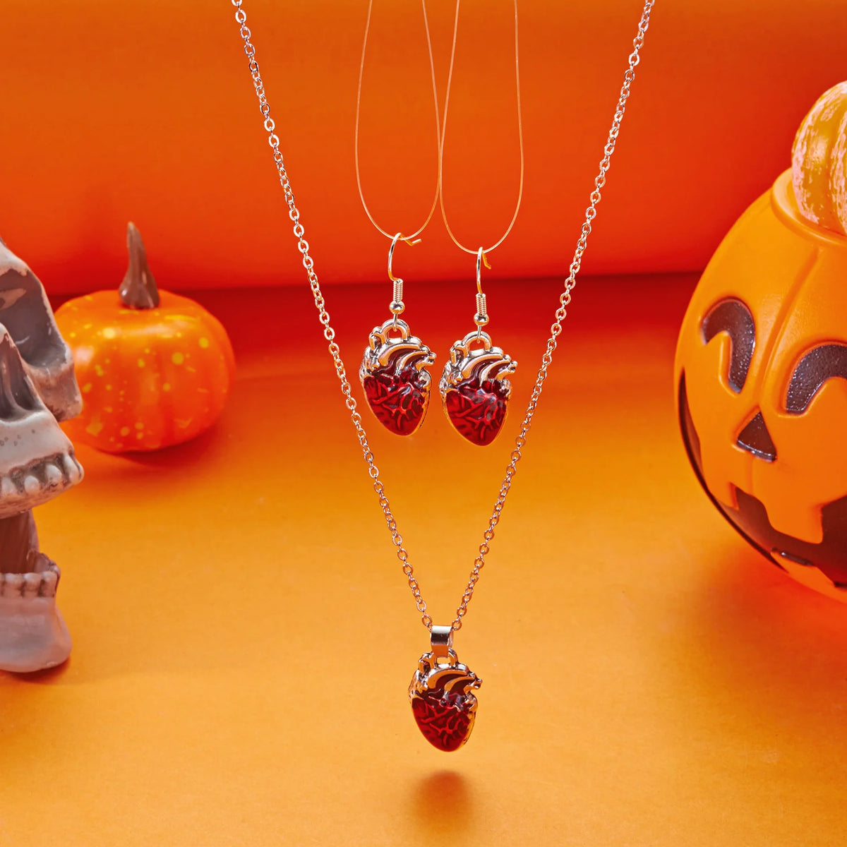 Red Anatomical Heart Necklace & Earring Set