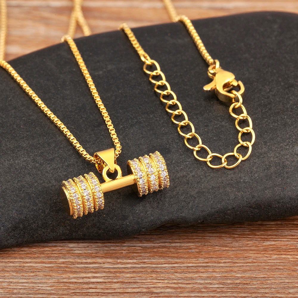 Gold Dumbbell Charm Pendant Necklace with Crystal Zircon