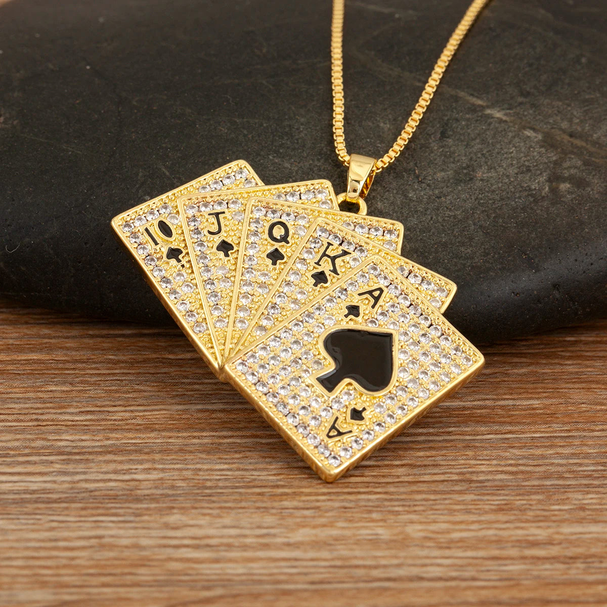Gold Poker Playing Cards Pendant Necklace with Crystal Zircon