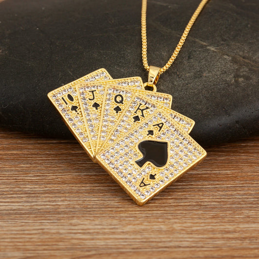 Gold Poker Playing Cards Pendant Necklace with Crystal Zircon
