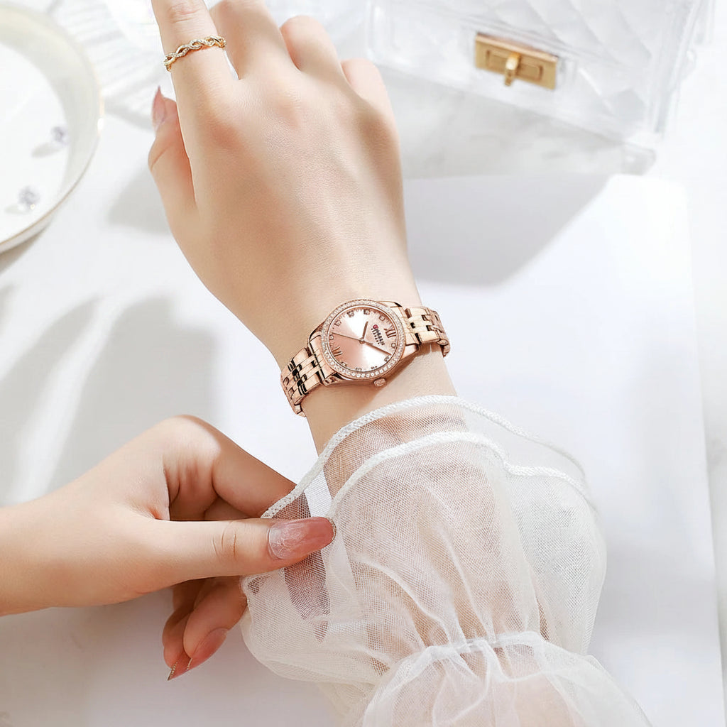 CURREN Women's Luxury Rhinestone Bracelet Watch | Rose Gold | Quartz | Gift Box Available