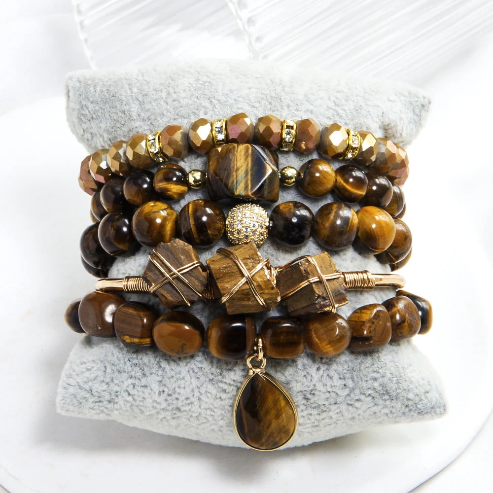 Natural Stone Beaded Bracelet Set - 5 Piece Bohemian Stack