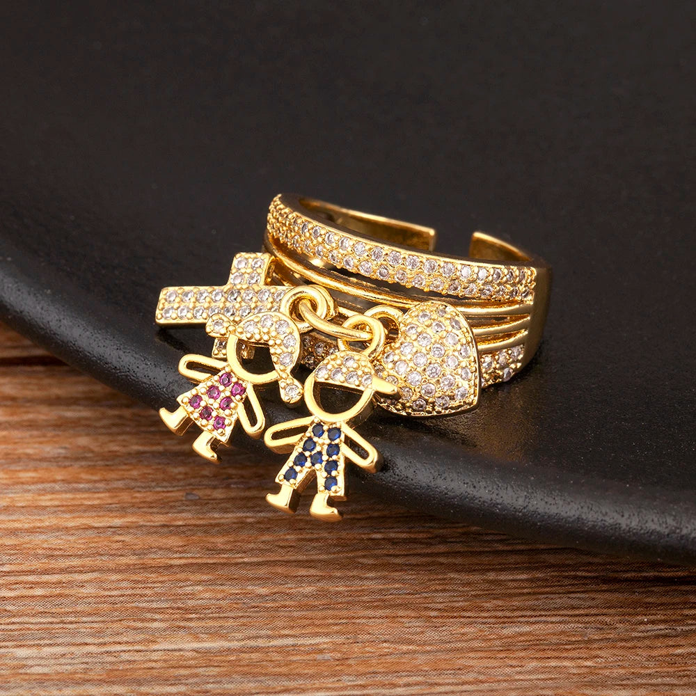 Women's Gold Plated Family Charm Ring – Adjustable