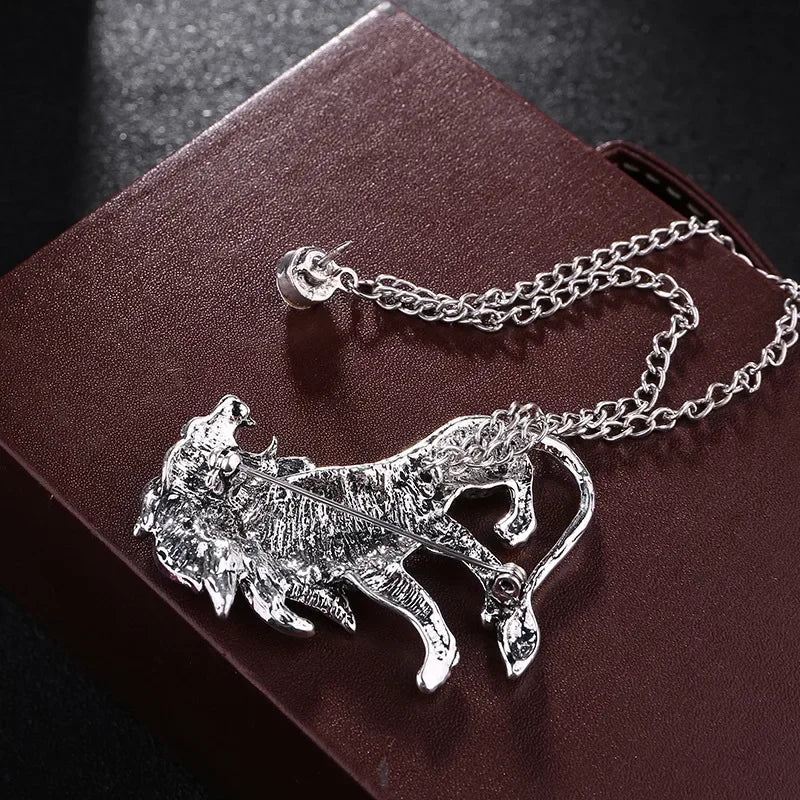 Men's Crystal Lion Brooch with Double Tassel Chain – Suit Lapel Pin