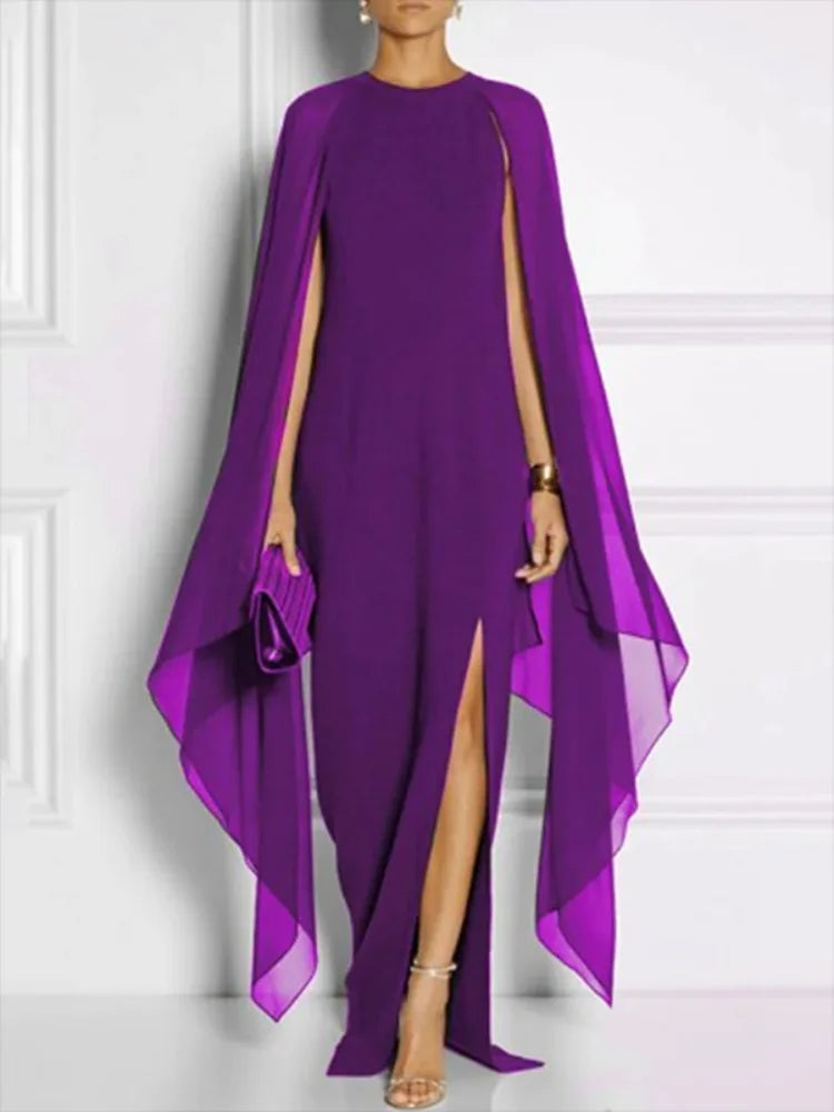 Elegant Cape Sleeves Purple Evening Dresses Solid Color Split-side Party Banquet Dress