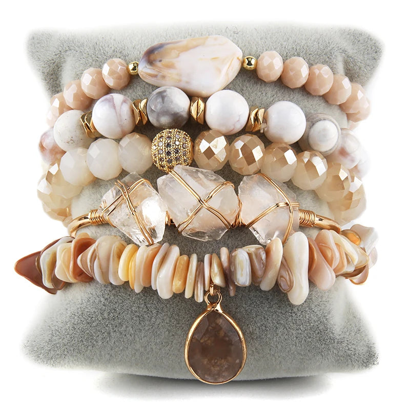 Natural Stone Beaded Bracelet Set - 5 Piece Bohemian Stack