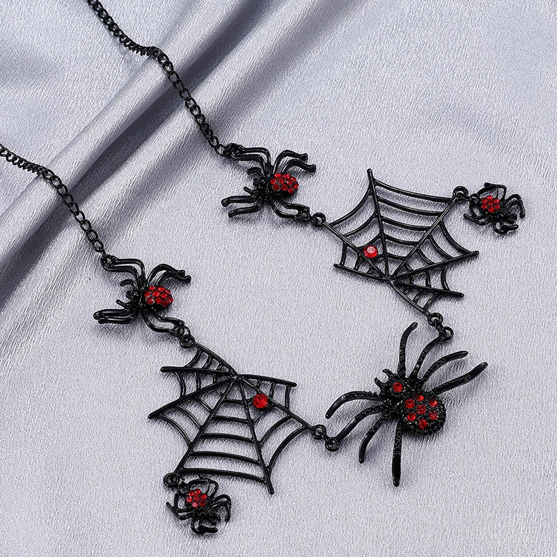 Gothic Black Spider Red Crystal Pendant Necklace For Women Spider Web Punk Goth Rock Unique Fashion Halloween Jewelry Party Gift