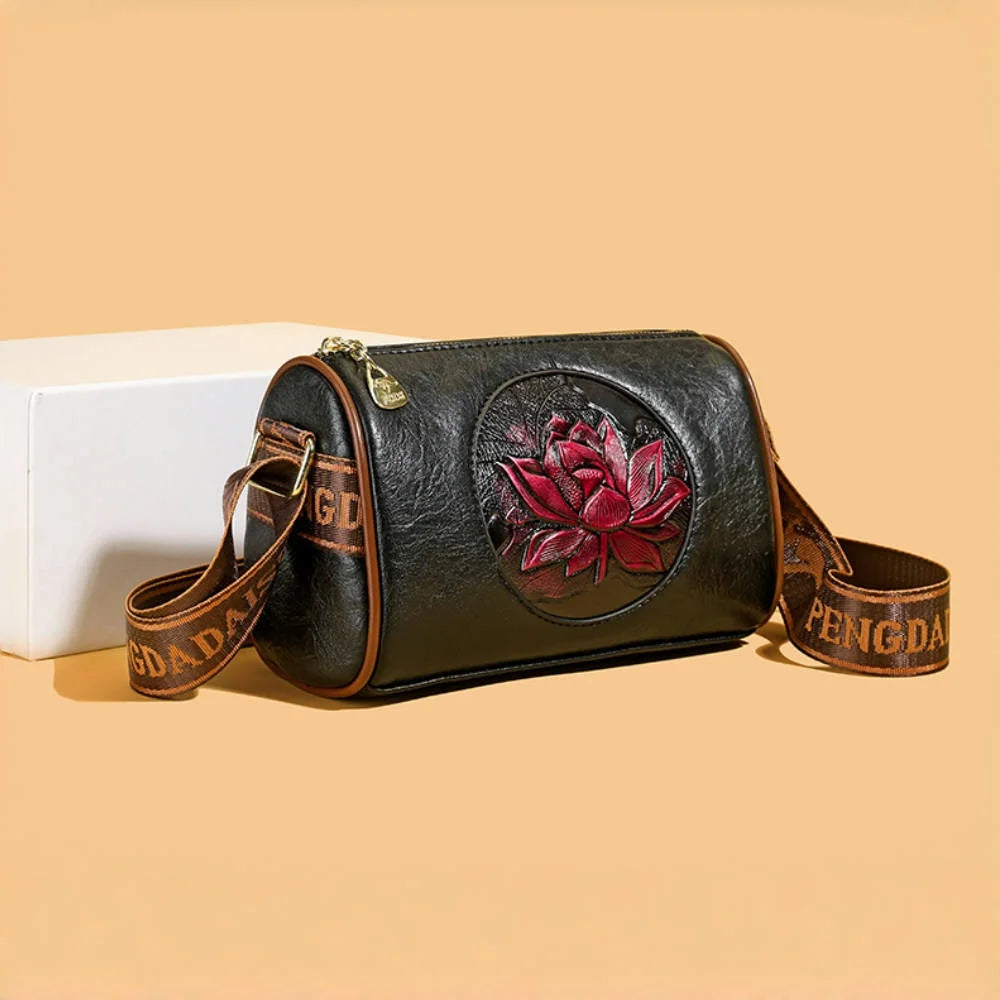 Lotus Embossed Barrel Shoulder Bag | Soft PU Leather Crossbody Purse | Women's Boho Handbag | 3 Colors