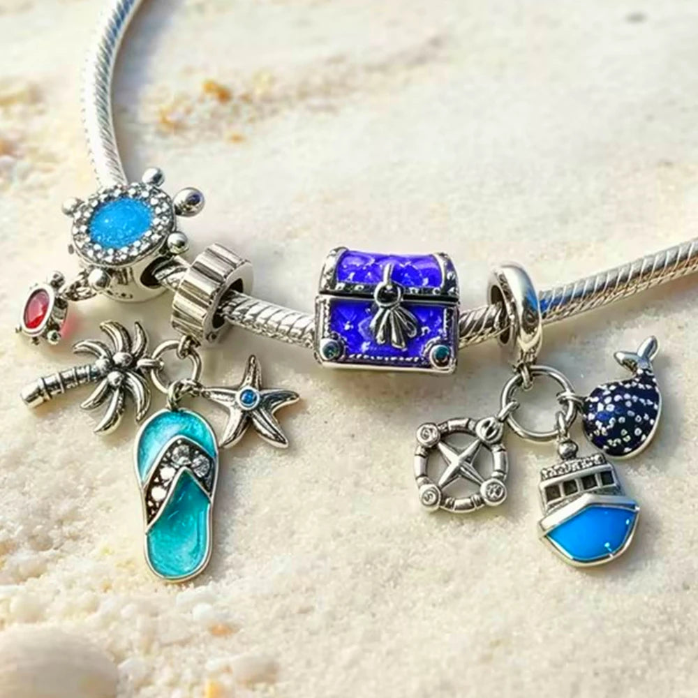 Fashion Jewelry 925 Silver Cruise Dolphin Turtle Beads Coconut Tree Charms Pendant Shell Bracelet DIY Exquisite Gift with Box
