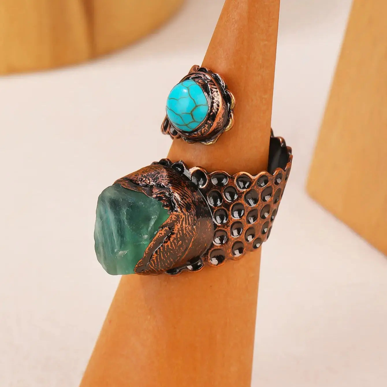 Green Fluorite Stone Turquoise Adjustable Ring Healing Crystal Gemstone Bronze Plated Double-headed Handmade Jewelry