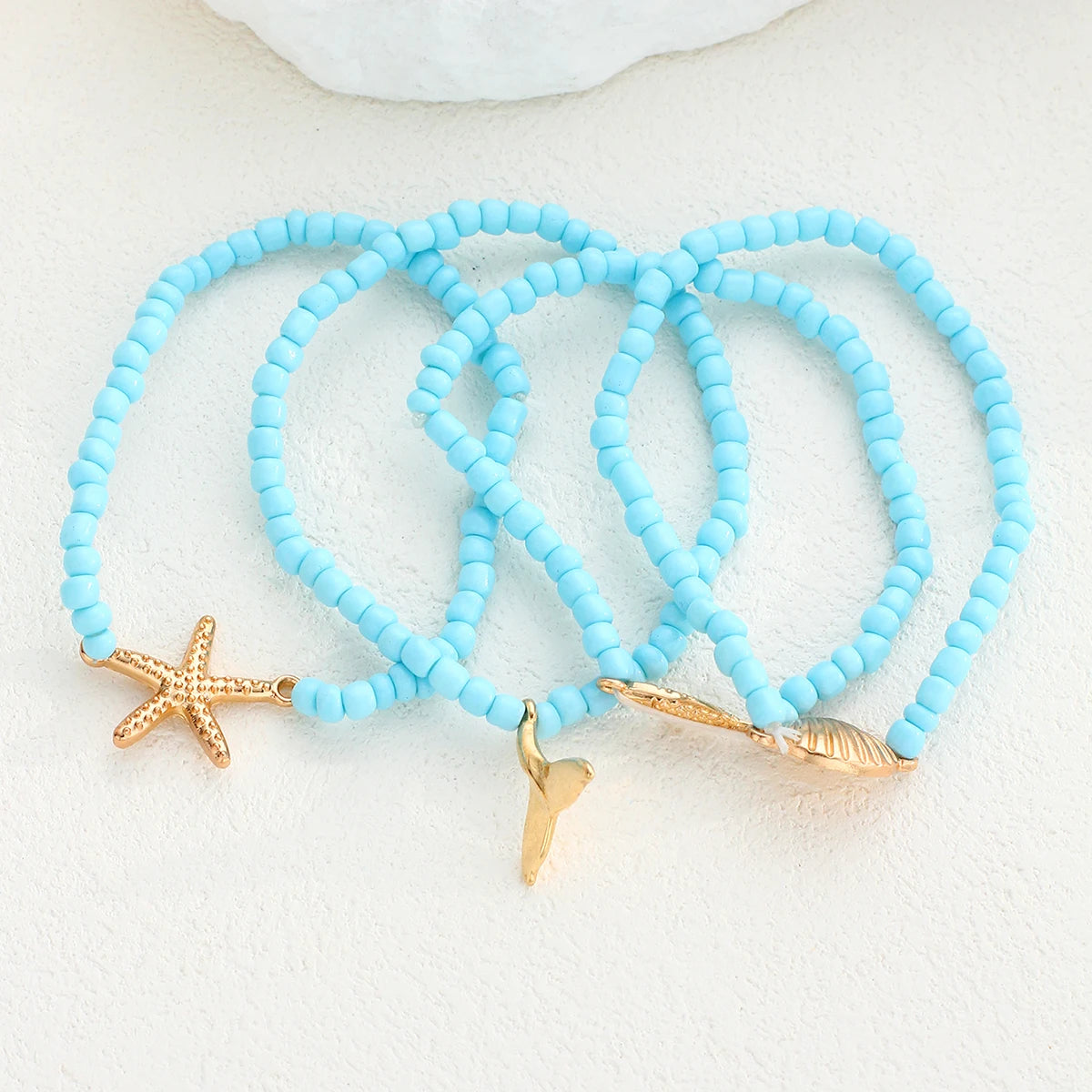 4 Pcs Ocean Themed Beaded Bracelet Set Women Blue Rice Bead Starfish Fish Shell Tail Charm Seaside Beach Vacation Trendy Jewelry