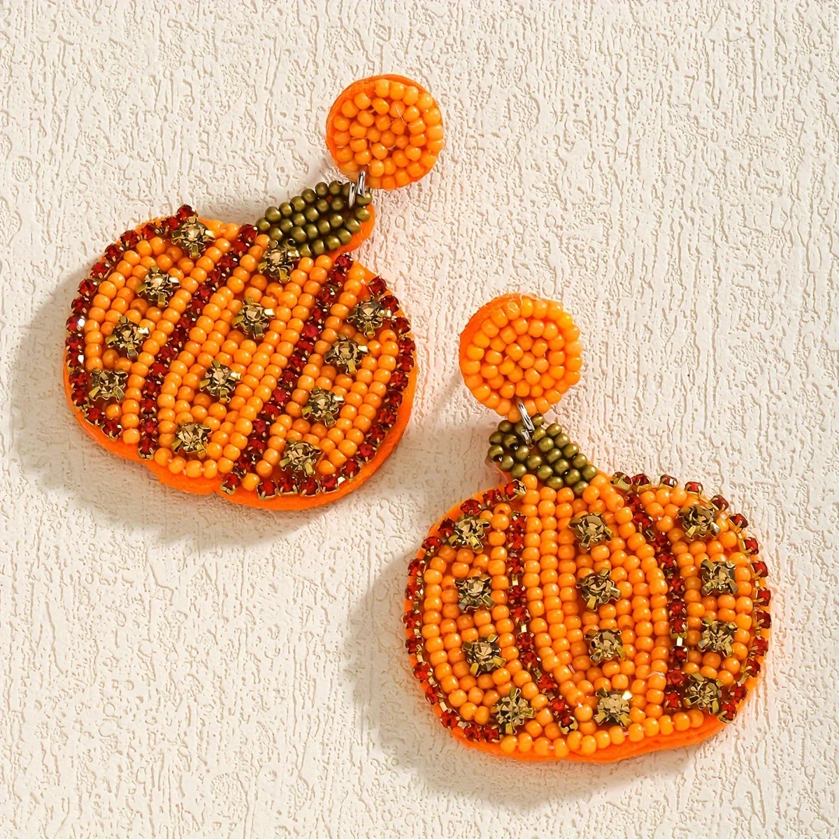 Bohemian Handmade Beaded Rhinestone Pumpkin Earrings,Thanksgiving Halloween Cute Rice Bead Party Women Accessories