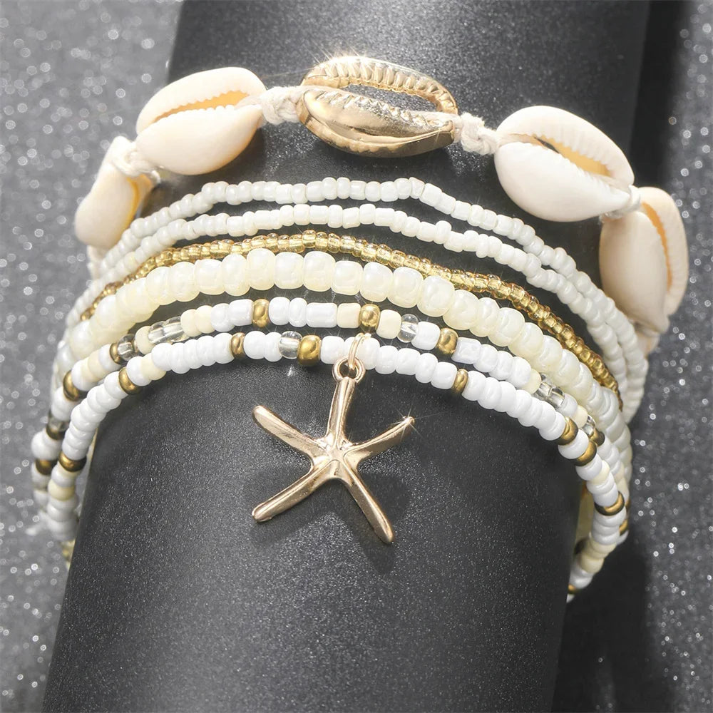 Fashion Summer Beach Starfish Shell Charm Rice Bead Anklet Set For Women