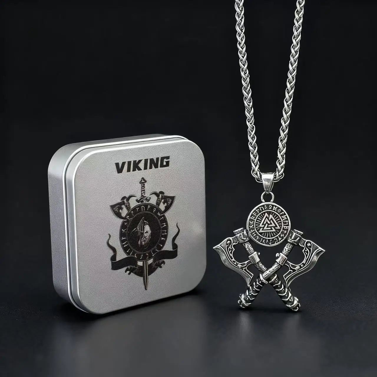 Men's 316L Stainless Steel Double Axe Viking Pendant Chain Necklace