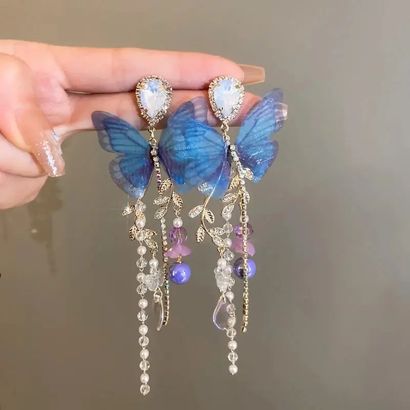 Butterfly Pearl Drop Earrings with Crystal Tassel
