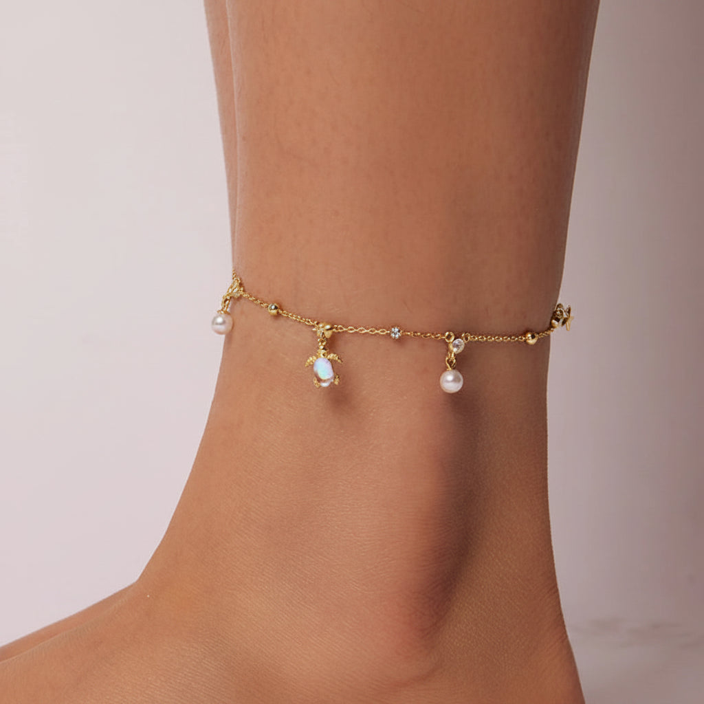 Sterling Silver Turtle Charm Anklet for Women | Stars, Pearls & Sea Turtle | 925 Silver Beach Anklet