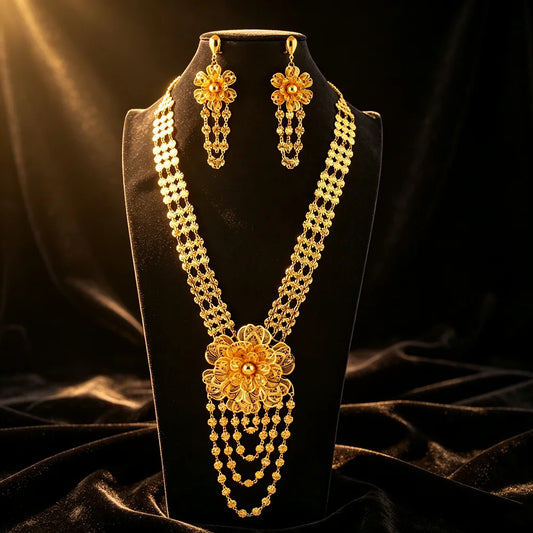 24K Gold Plated Double Layer Flower Tassel Necklace & Earrings Set | Dubai African Bridal Jewelry