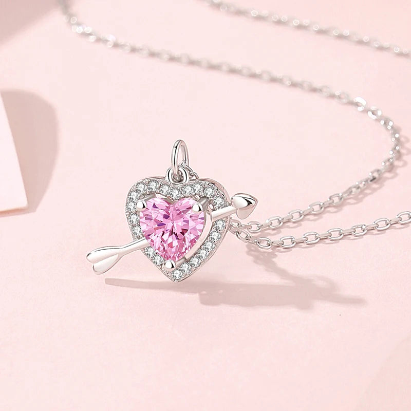 Silver 925 LOVE Necklace Women Cupid's Arrow Fairy Design Light Luxury Pink Zircon Diamond Charm Heart Shaped Pendent 45cm Chain