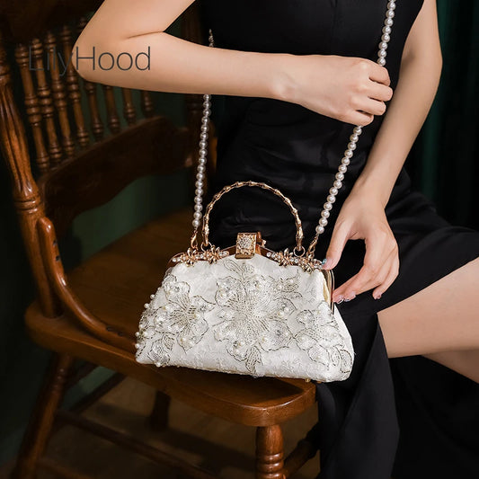 Vintage Retro Chic Flapper Girl Kisslock Handbag Lace Floral Embroidery Shiny Paillette Evening Prom Phone Pearl Strap Side Bag