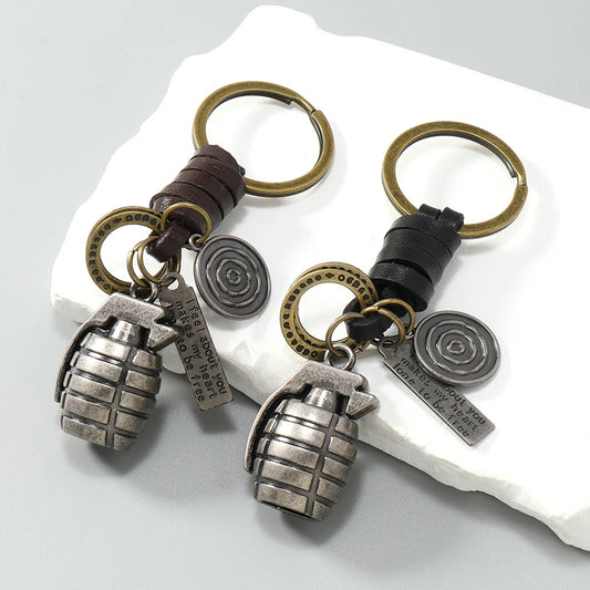 Grenade Pendant Leather Keychain — Vintage Sentiment Tag | Men's Accessory