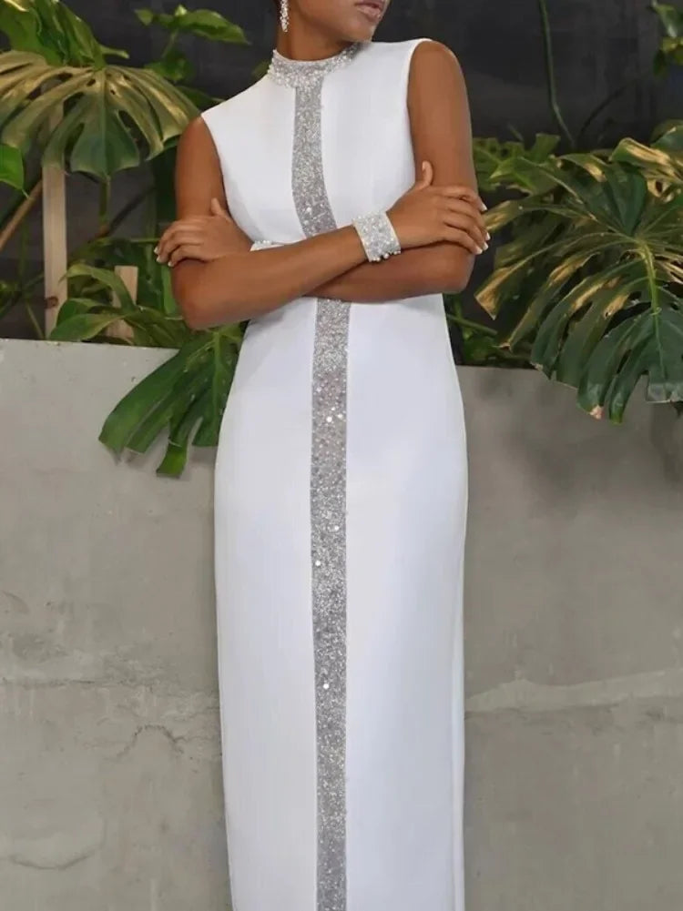 Stylish Shiny Stand Collar Prom Party Dresses 2025 New Sleeveless Back-Split X-shape Urban Trendy Office Dress