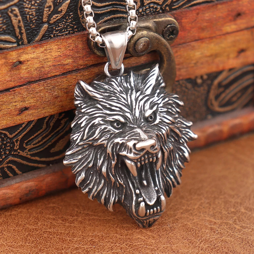 Mens Stainless Steel Lion Pendant Necklace - Viking Biker Style