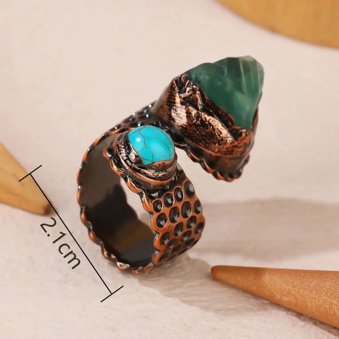 Green Fluorite Stone Turquoise Adjustable Ring Healing Crystal Gemstone Bronze Plated Double-headed Handmade Jewelry