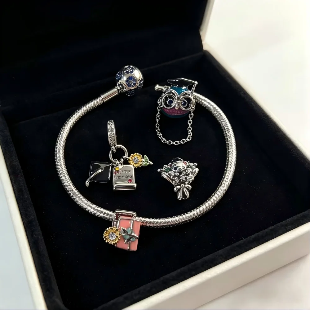 925 Silver Owl Flower Graduation Cap Bouquet Beads Charms Pendant Fit Snake Chain Flower Bracelet DIY Fine Jewelry Gift with Box