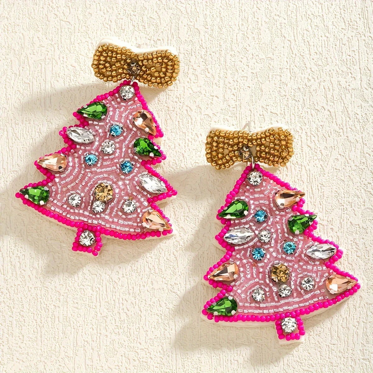 Boho Handmade Beaded Rhinestone Christmas Tree Earrings,Christmas Cute Rice Beaded Bow Festival Party Women Accessories