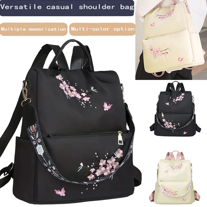Women's Floral Embroidered Anti-Theft Backpack | Lightweight Nylon Travel Bag