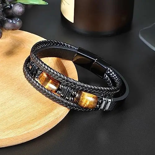 Tiger Eye Black Leather Bracelet Men Natural Gemstone Crystal Stone Jewelry Handmade Courage Protection Bracelet