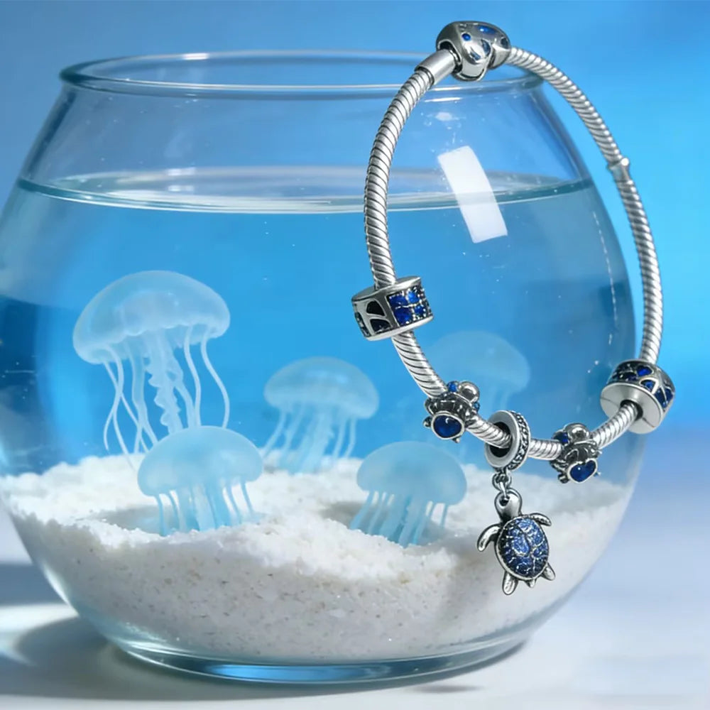 Original 925 Silver Blue Ocean Jewelry Set Shiny Zircon Starfish Turtle Charms Pendant Fit DIY Bracelet Jewelry Gift with Box