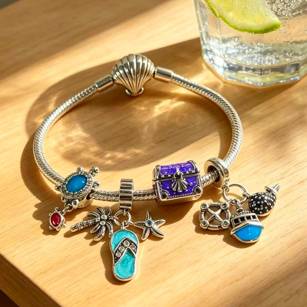 Fashion Jewelry 925 Silver Cruise Dolphin Turtle Beads Coconut Tree Charms Pendant Shell Bracelet DIY Exquisite Gift with Box