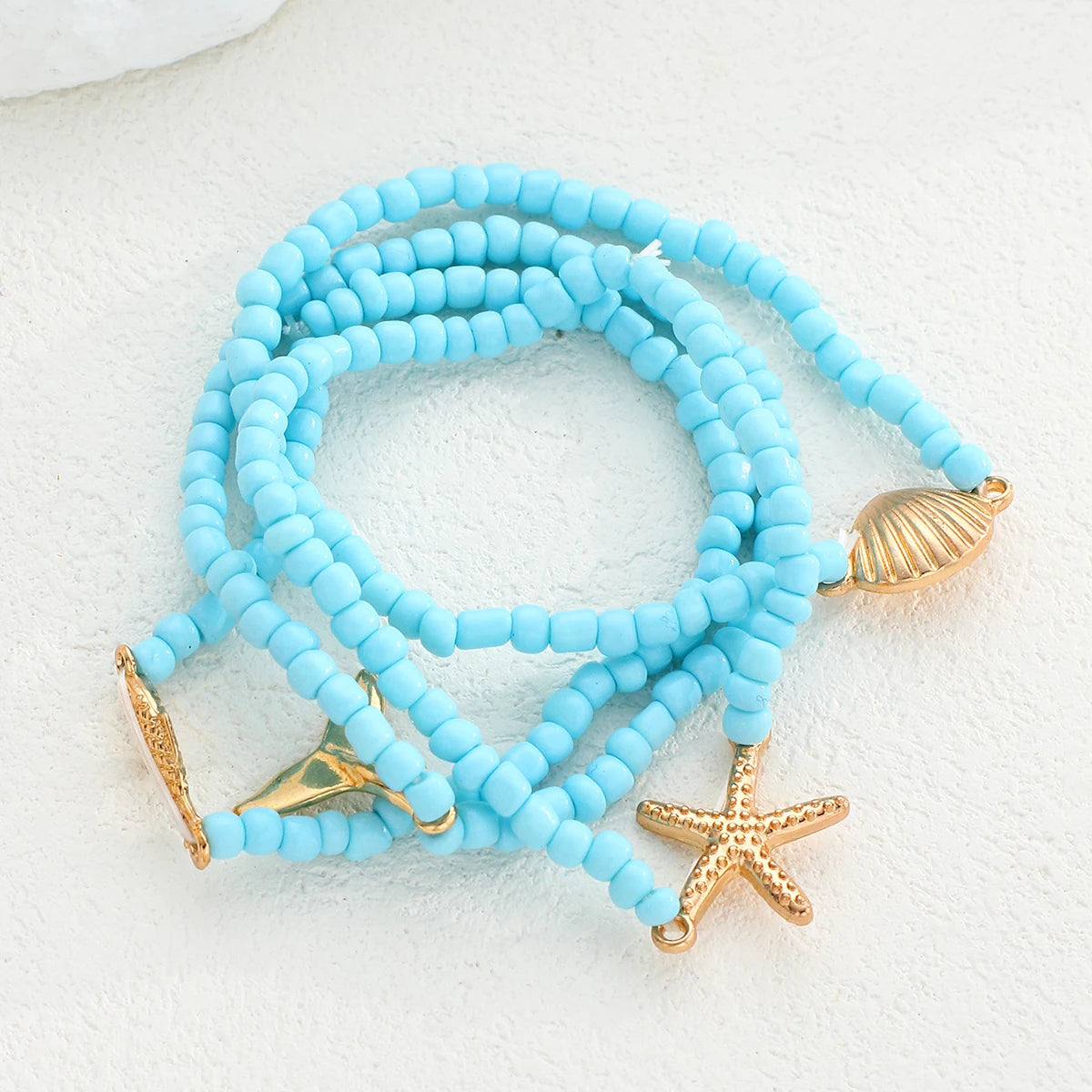 4 Pcs Ocean Themed Beaded Bracelet Set Women Blue Rice Bead Starfish Fish Shell Tail Charm Seaside Beach Vacation Trendy Jewelry