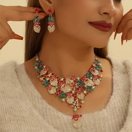 3pcs/set Elegant Lovely Christmas Jewelry Set, Rhinestone Santa Wreath Pendant Necklace+Earrings For Women Trendy Jewelry Gifts