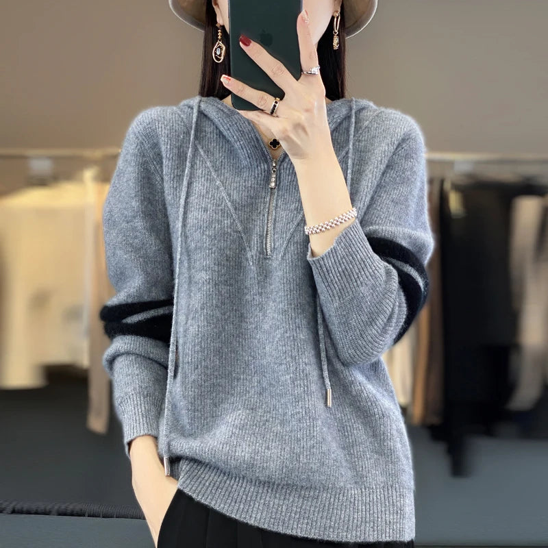 Autumn and Winter New Women's Cashmere Sweater 100% Wool Hoodie Knitted Pullover Loose Korean Fashion Thickened Top