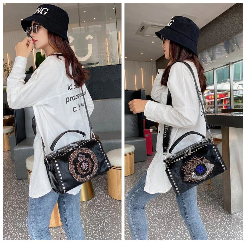 Female Real Horse Hair Shiny Evil Eyes Rhinestone Boston Side Bag Fashion Stylish Vegan Leather Big Capacity Short Handle Bag