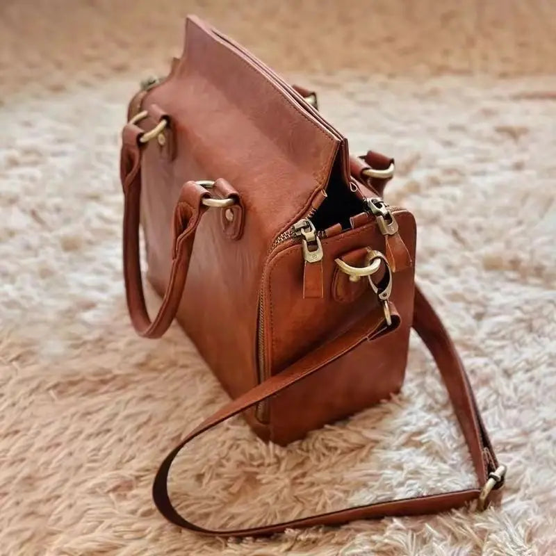 Retro Brown Simple Handbag Women Multi Layer Large Capacity Shoulder Bag Ladies Versatile Multi Function Commute Crossbody Bags