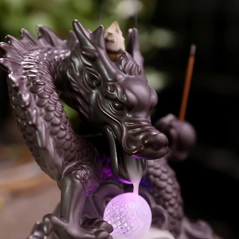 Ceramic Chinese Auspicious Dragon Backflow Incense Burner Creative LED Light Backflow Sandalwood Stove Home Decorations and Acce