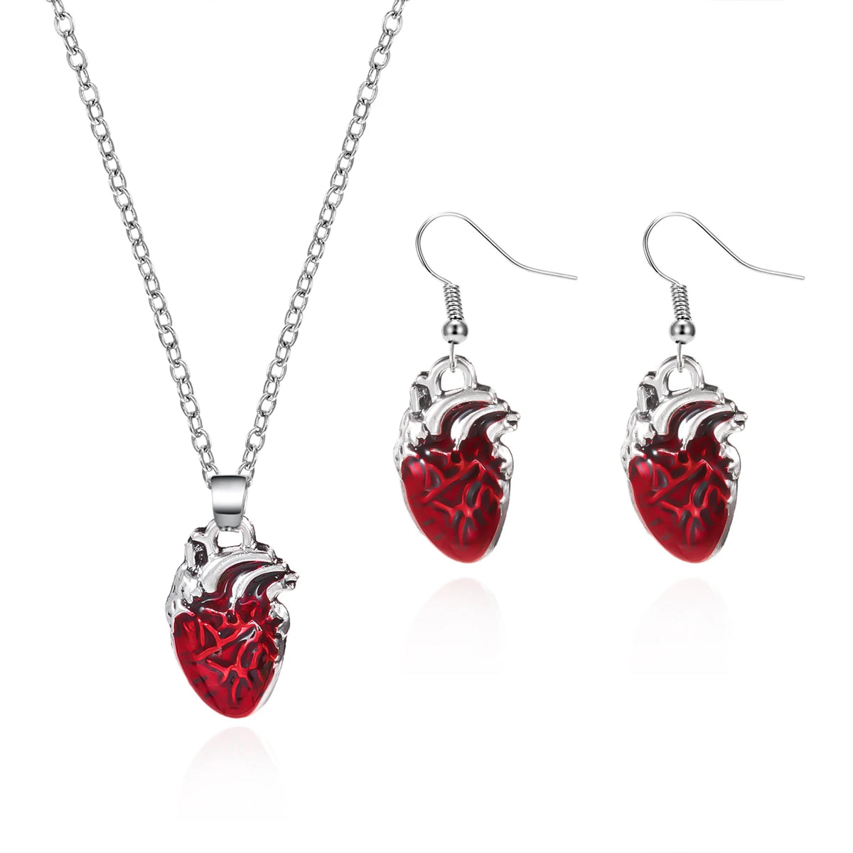 Red Anatomical Heart Necklace & Earring Set